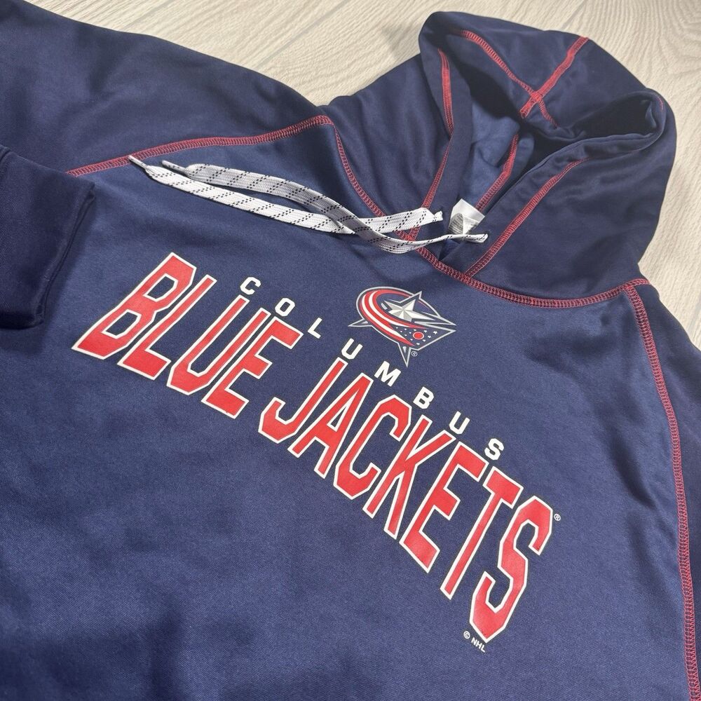 Columbus Blue Jackets Hoodie Men’s XL Blue Performance Fleece Logo Spellout NHL